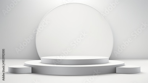 A minimalist stage setup with a circular backdrop, designed for presentations or performances.