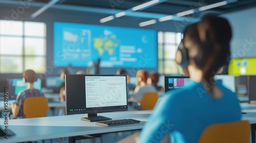 Students in a modern computer lab participating in an interactive learning session with their teacher. Education and technology integration.