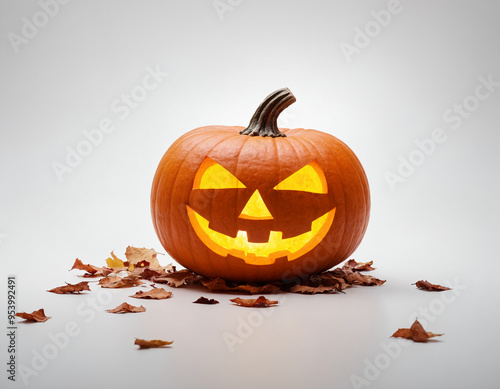 Jack-o’-Lantern Pumpkin on Autumn Leaves in a Foggy Forest photo