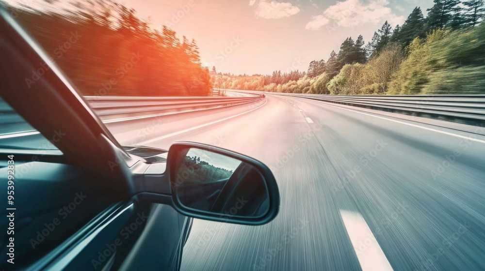 Obraz premium The perspective from a car driving on a highway captures the sense of motion and journey of the highway atmosphere