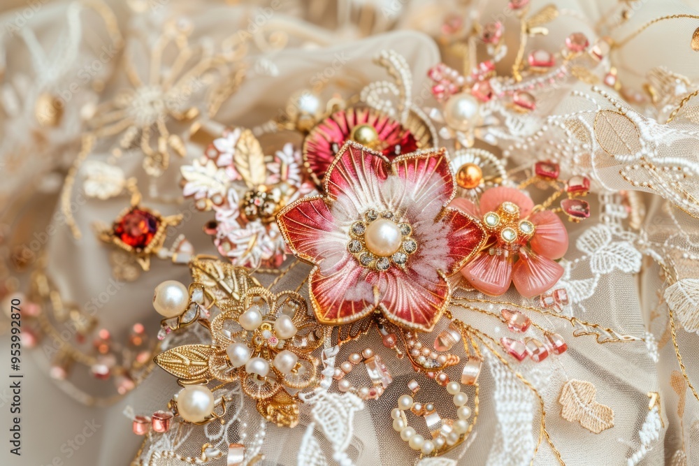 A delicate and intricate brooch with floral motifs, set against an elegant lace fabric background A delicate and intricate brooch with floral motifs, set against an elegant lace fabric background