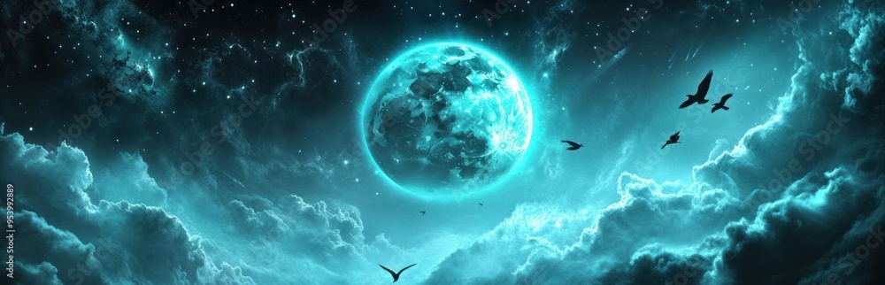 A fantasy background with clouds and birds flying in the sky, a fantasy moon in blue light with stars A fantasy background with clouds and birds flying in the sky, a fantasy moon in blue light with stars