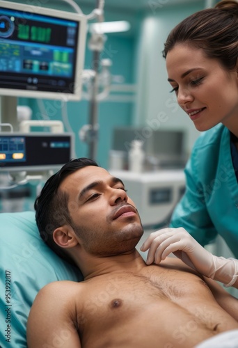 A nurse attends to a male patient lying in a hospital bed, providing compassionate care and support.