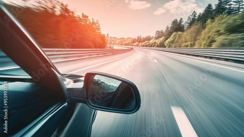 The perspective from a car driving on a highway captures the sense of motion and journey of the highway atmosphere