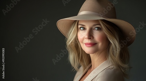 portrait of an elegant middle aged woman wearing subtle makeup and a hat, 8k high resolution