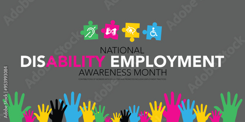 National Disability Employment Awareness Month design. It has several type of disability in arranged in tiled. Vector illustration
