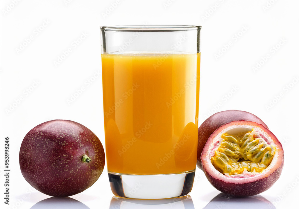 Fresh passion fruits juice in glass with fresh Passion Fruits isolated on white background. passion fruits cocktail Fresh passion fruits juice in glass with fresh Passion Fruits isolated on white background. passion fruits cocktail