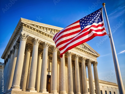 A stately American flag waving proudly in front of the United States Supreme Court building's neoclassical columns and