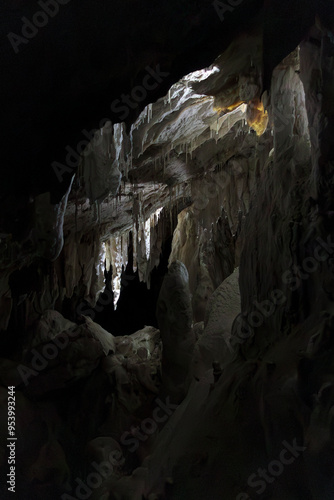 Photograph of stalagmites, stalactites, and other limestone rock formations on the inside of Yarrangobilly Caves near Talbingo in Kosciuszko National Park in the Snowy Mountains in Australia photo