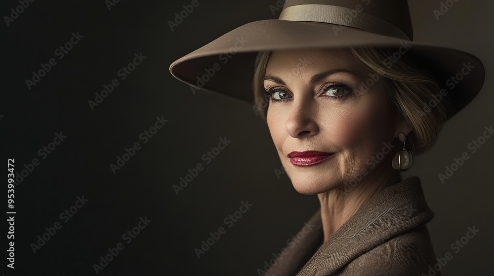 portrait of an elegant middle aged woman wearing subtle makeup and a hat, 8k high resolution portrait of an elegant middle aged woman wearing subtle makeup and a hat, 8k high resolution