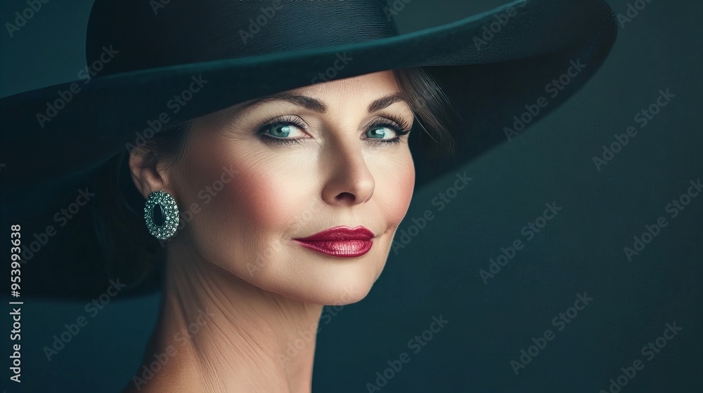 portrait of an elegant middle aged woman wearing subtle makeup and a black hat, 8k high resolution portrait of an elegant middle aged woman wearing subtle makeup and a black hat, 8k high resolution