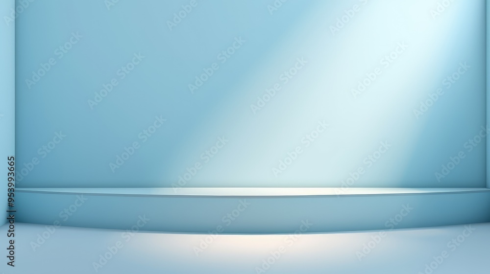 A minimalistic blue interior space with a curved platform, illuminated by soft light, ideal for presentations or displays. A minimalistic blue interior space with a curved platform, illuminated by soft light, ideal for presentations or displays.