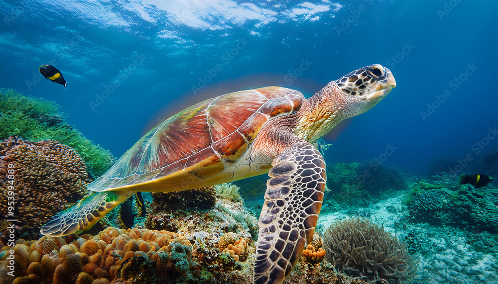 Fototapeta premium Sea Turtle Swimming Over Coral Reef
