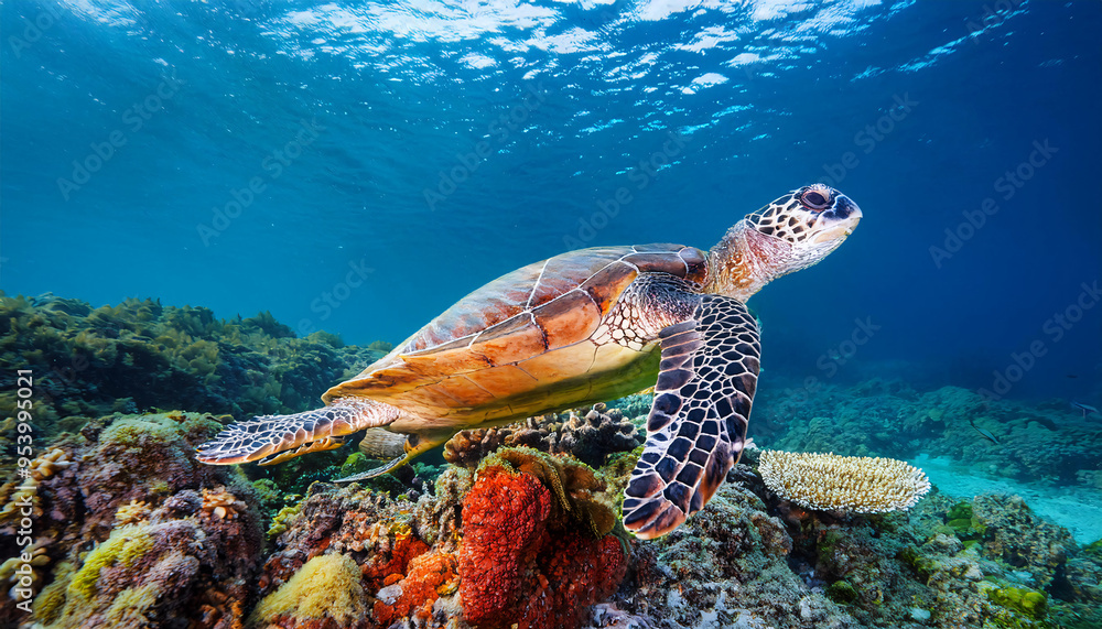 Fototapeta premium Sea Turtle Swimming Over Coral Reef