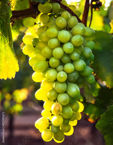 Close-up Sweet fresh green grapes fruit still hanging on the tree