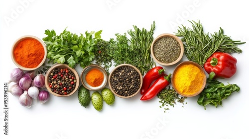 Spices, Herbs and Vegetables in Bowls.