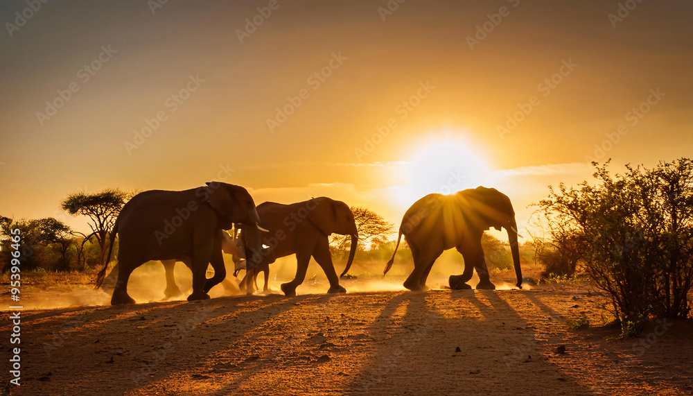 Fototapeta premium Sunset Journey of Elephants