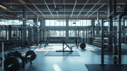 A wide angle photography of an empty modern gym room interior full of weights, bars and racks significantly health fitness concept photo