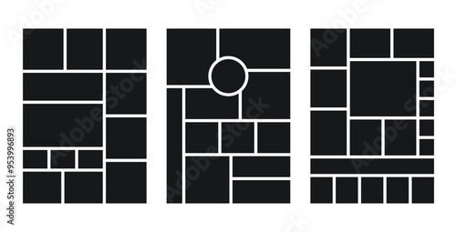 Moodboard template. Photo collage layouts. Mood board backgrounds. Scrapbook images. Mosaic pictures album grid. Photomontage frames. Vertical  poster designs. Vector illustration
