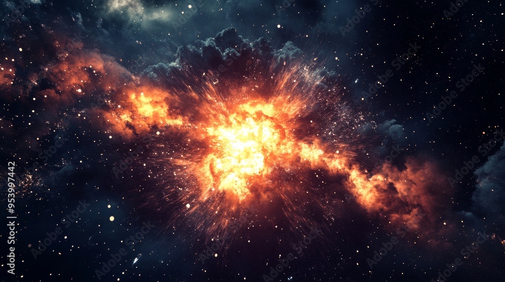 Fototapeta premium Dramatic cosmic explosion amid colorful nebula in deep space captured over millions of years of stellar evolution