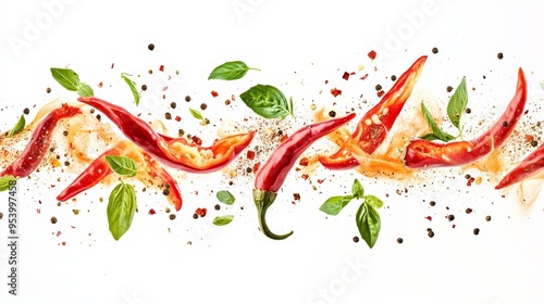 Fototapeta Naklejka Na Ścianę i Meble -  Chili Peppers, Basil and Peppercorns Explosion.