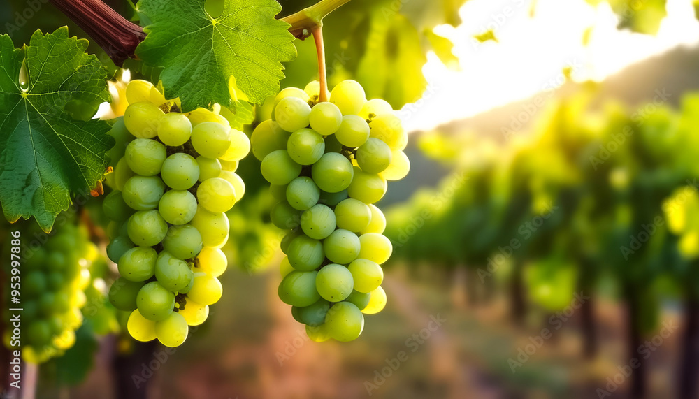 Fototapeta premium Close-up Sweet fresh green grapes fruit still hanging on the tree