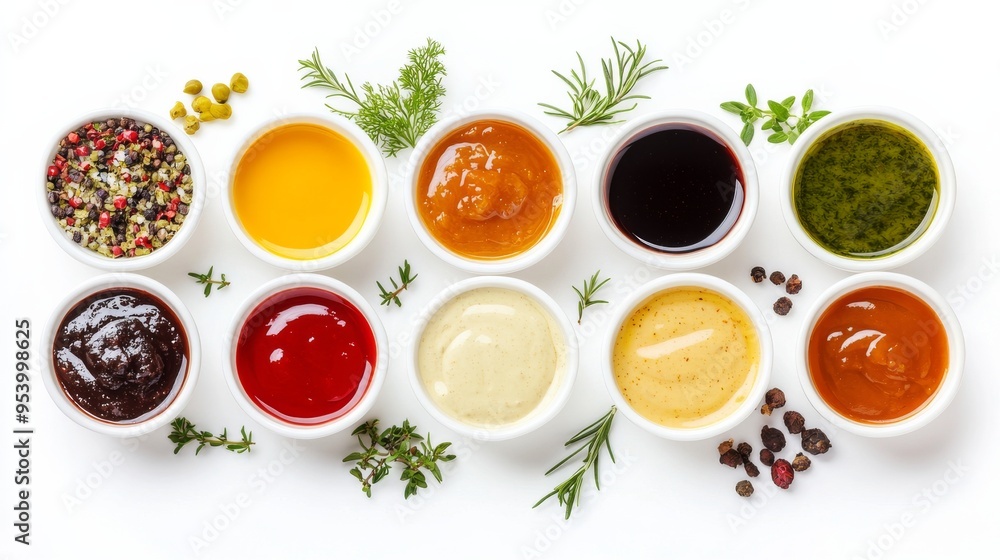 Assortment of different sauces in white bowls. Assortment of different sauces in white bowls.