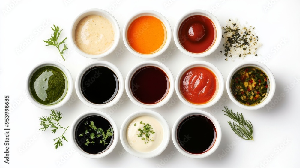 Assortment of Dips and Sauces in White Bowls. Assortment of Dips and Sauces in White Bowls.