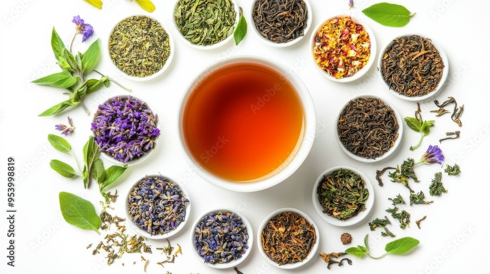 Assortment of herbal teas in white bowls. Assortment of herbal teas in white bowls.