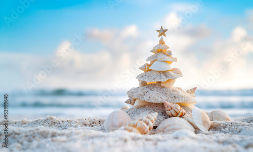 Seashell Christmas tree on a sandy beach under a bright sky captures the essence of a coastal holiday, perfect for festive promotions and travel-themed designs