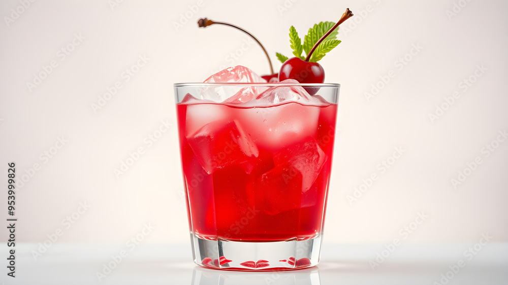 Garnished cocktail with cherry juice and ice isolated view with text space. Generative AI Garnished cocktail with cherry juice and ice isolated view with text space. Generative AI