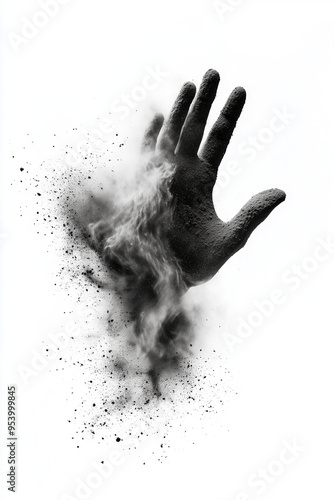 All we are is dust in the wind concept - a hand made of dust vanishes into the air, isolated on white background