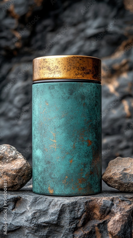 A green and gold container sits on a rock A green and gold container sits on a rock