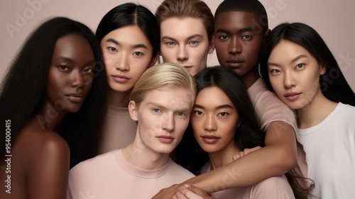 Group close up portrait of people in studio with different skin tones on pink background