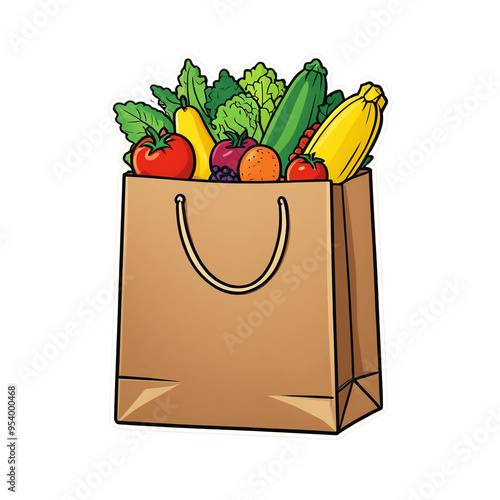 Grocery bag sticker with full of groceries.transparent background.