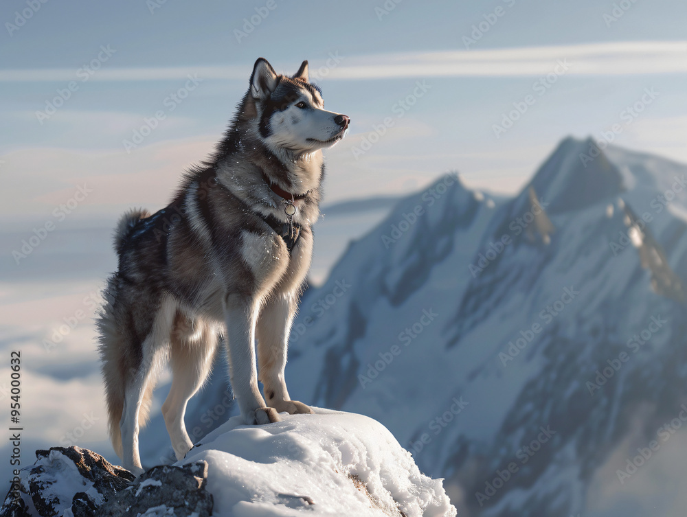 Naklejka premium A powerful Alaskan Malamute standing majestically on a snowy mountain peak, reflecting its strength and endurance, cinematic style, Compositing Core, 8k, detailed,