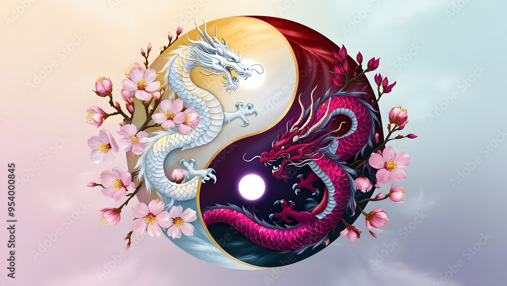 Yin and Yang are represented by a white dragon and a purple dragon, and ...