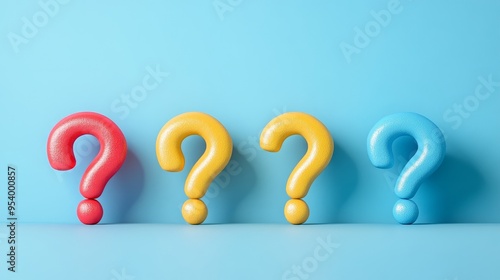 Four questions are shown in different colors on a blue background