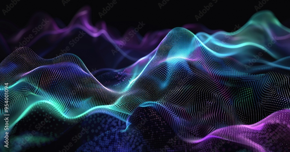 Abstract digital landscape with flowing waves of light in vibrant colors, representing data or sound visualization. Abstract digital landscape with flowing waves of light in vibrant colors, representing data or sound visualization.