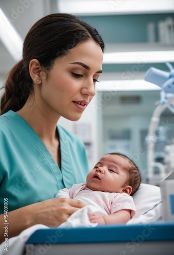 A female nurse in a green uniform gently holds a newborn baby, providing tender care in a hospital setting.