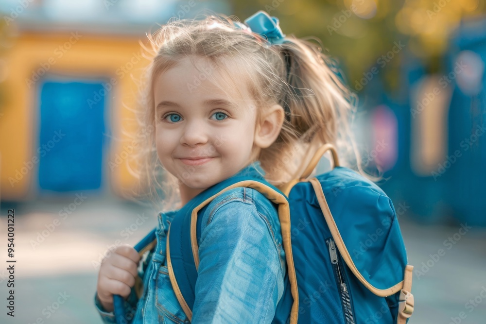 Happy girl with a backpack goes back to school, school days, child goes to classes, close-up, portrait of a girl Happy girl with a backpack goes back to school, school days, child goes to classes, close-up, portrait of a girl