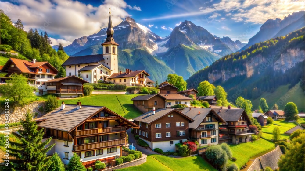 Charming alpine village with scenic mountains, green hills, and traditional architecture Charming alpine village with scenic mountains, green hills, and traditional architecture