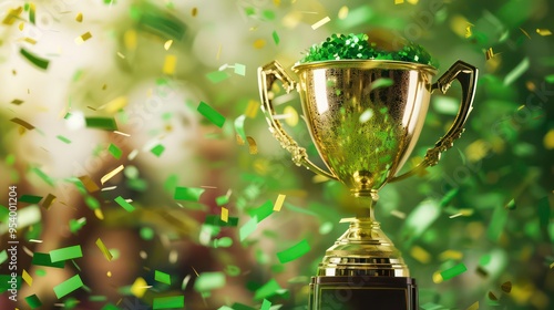 A golden trophy with green confetti falling in the background. photo