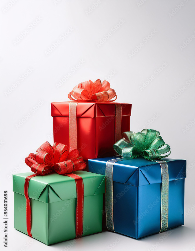 Fototapeta premium Three colorful wrapped gift boxes with ribbon bows are sitting on a white background for a holiday or birthday celebration