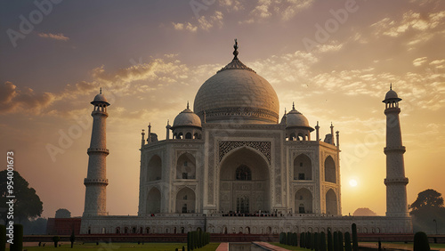 Wallpaper Mural Taj Mahal at sunrise, its white marble glowing with soft dawn hues. Torontodigital.ca