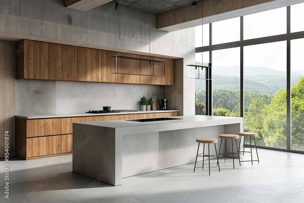 Modern Minimalist Kitchen with Concrete Island and Panoramic View Modern Minimalist Kitchen with Concrete Island and Panoramic View
