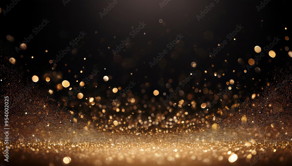 Sparkling golden glitter on dark background creates mesmerizing bokeh effect, adding magic to designs. Perfect for festive occasions like christmas and new year's. Enhances overall glow and glamour Sparkling golden glitter on dark background creates mesmerizing bokeh effect, adding magic to designs. Perfect for festive occasions like christmas and new year's. Enhances overall glow and glamour