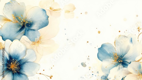 Elegant Watercolor Floral Designs Featuring Blue and Gold Lilies on a White Background, Perfect for Greeting Cards, Wedding Invitations, Posters, and Banners with Space for Custom Text