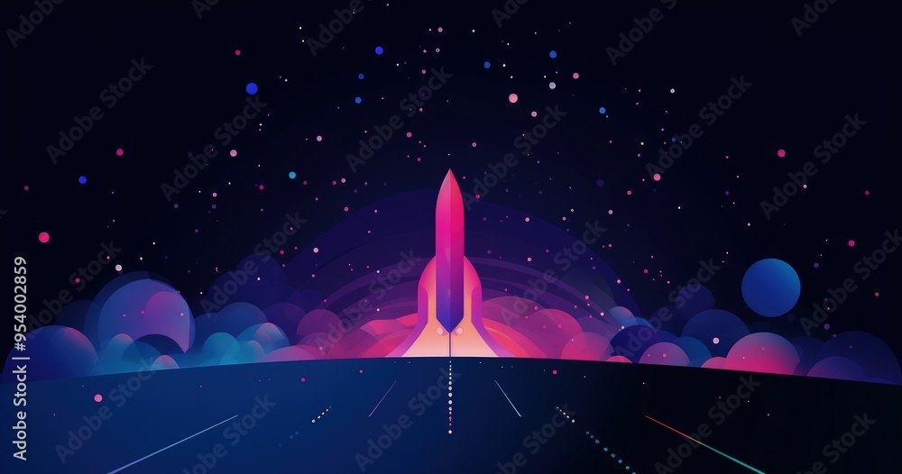 A vibrant digital illustration of a rocket launching into space, surrounded by colorful clouds and stars. A vibrant digital illustration of a rocket launching into space, surrounded by colorful clouds and stars.