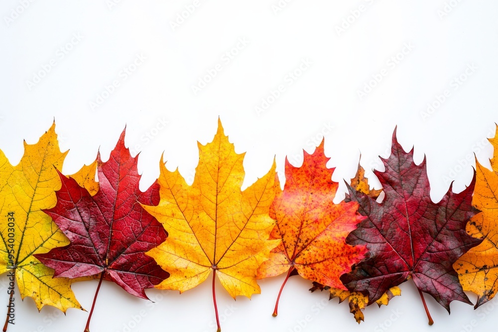Autumn Maple Leaves Flat Lay White Background created with Generative AI Autumn Maple Leaves Flat Lay White Background created with Generative AI